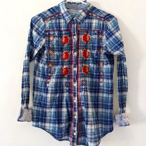 Johnny Was 3J Workshop Long Sleeve Embroidered Plaid Button Down XS